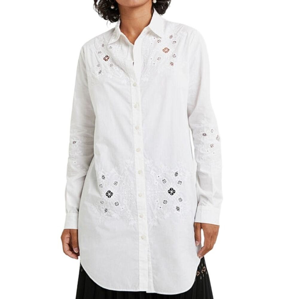 Desigual S White Garona Oversized Button Front Shirt Embroidered Detail *flaw